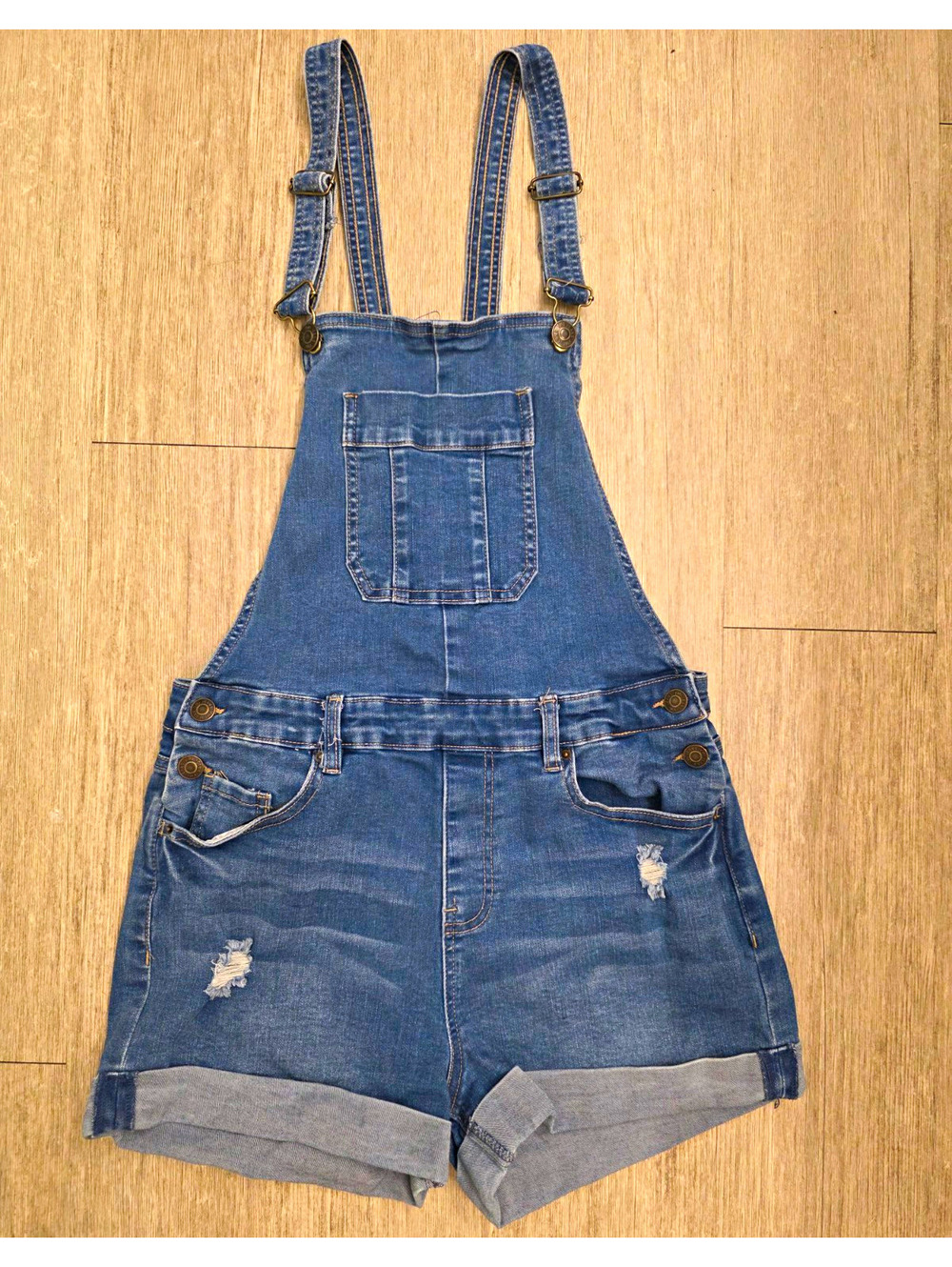 YMI Shortalls Juniors 7/28 Medium Wash Cutoff Denim Overall Shorts 2.5" Insm